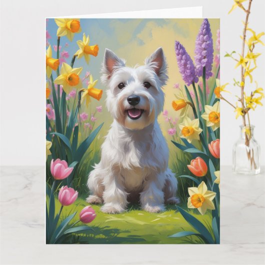 Carte Peinture de fleurs printanières de chien Terrier d (Fleur jaune)
