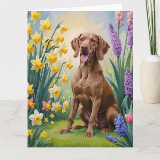 Carte Peinture de fleurs printanières de chien Vizsla (Devant)