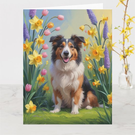 Carte Peinture de fleurs printanières de Rough Collie (Fleur jaune)
