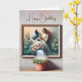 Carte Peinture d'une femme arrosant un Plante pointillé (Fleur jaune)