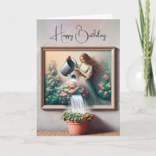 Carte Peinture d'une femme arrosant un Plante pointillé