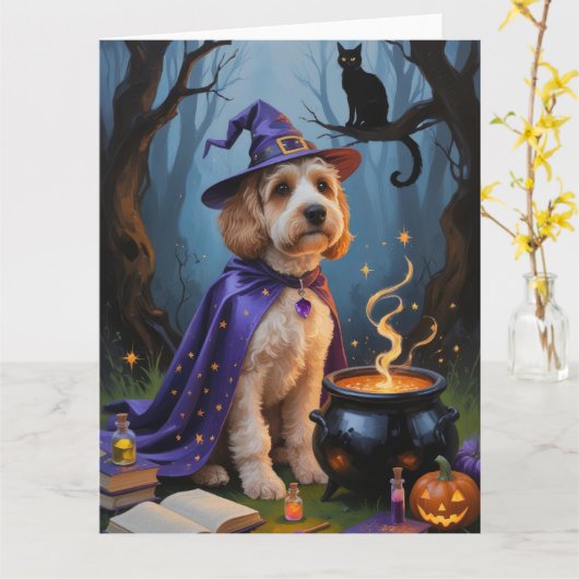Carte Peinture fantaisiste d'Halloween de chien Cockapoo (Fleur jaune)