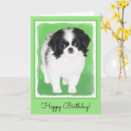 Carte Peinture japonaise de chiot - Art original de chie (Fleur jaune)