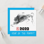 Carte Peinture originale Anniversaire année du lapin chi (Devant/Arrière en situation)