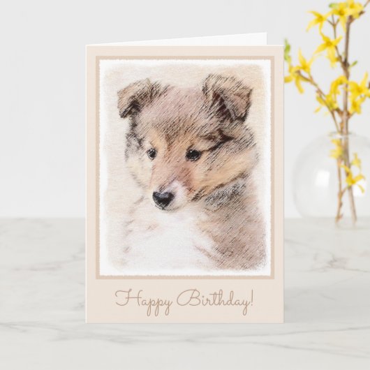 Carte Peinture originale de Chien à chienne Shetland (Fleur jaune)