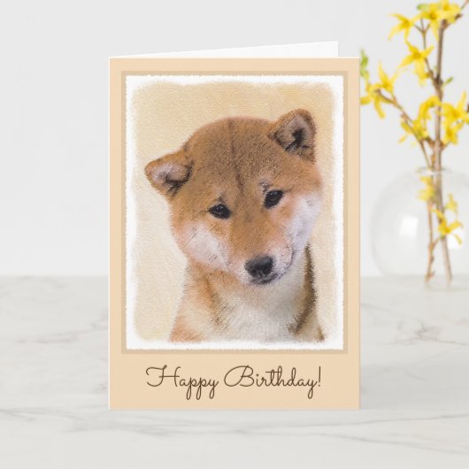 Carte Peinture Shiba Inu (Rouge) - Art Chien original (Fleur jaune)