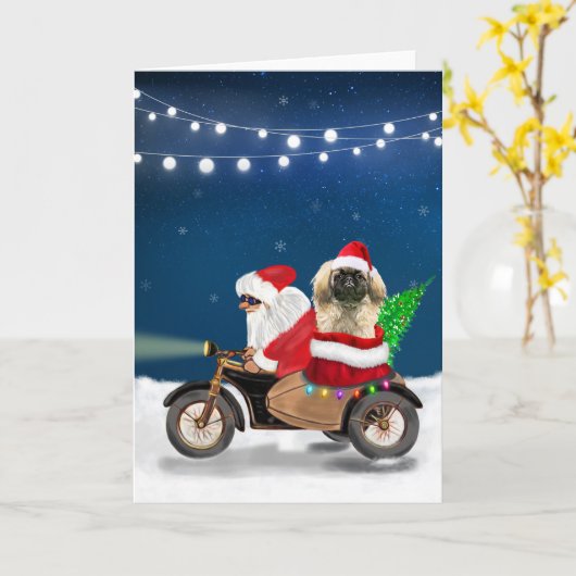Carte Pekingese Chien Noël Père Noël (Fleur jaune)