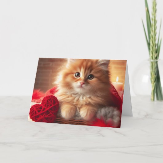 Carte Pelote de laine coeur de chaton ginger Valentin (Devant)