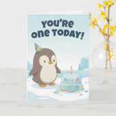 Carte Penguin Birthday | Custom First Birthday (Fleur jaune)