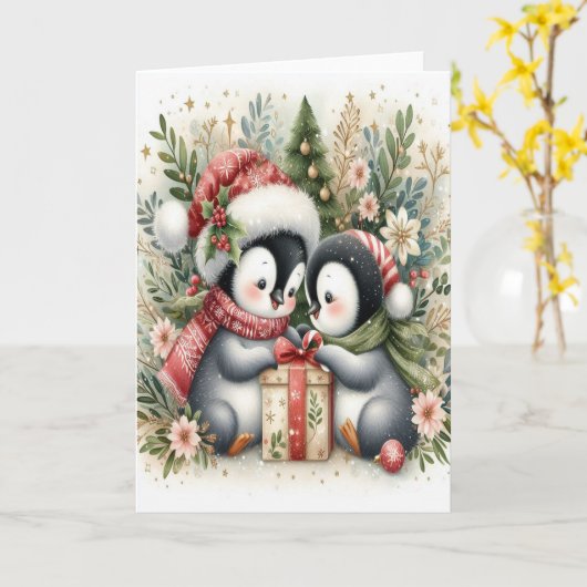 Carte Penguins de Noël 5 (Fleur jaune)