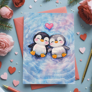 Carte Penguins Float In Love Sweet Watercolor Valentine