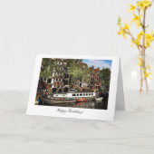 Carte Péniche de canal d'Amsterdam - joyeux anniversaire (Fleur jaune)