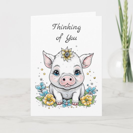 Carte Pense à toi ! Cochon mignon aux fleurs jaunes (Devant)