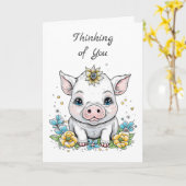 Carte Pense à toi ! Cochon mignon aux fleurs jaunes (Fleur jaune)