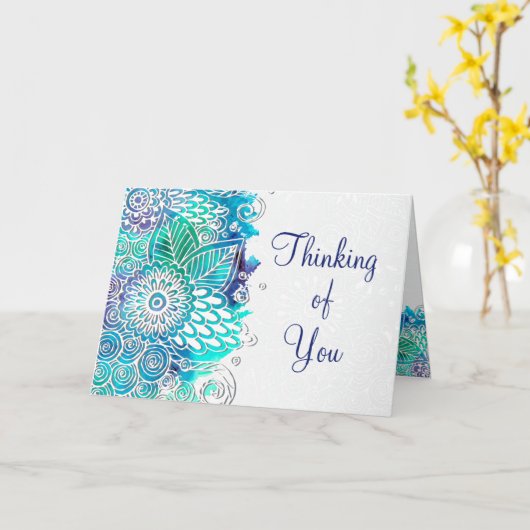 Carte Pensée à vous bleus et au mandala floral turquoise (Fleur jaune)