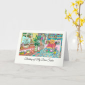 Carte Pensée pour ma chère sœur avec chat sur la table  (Fleur jaune)