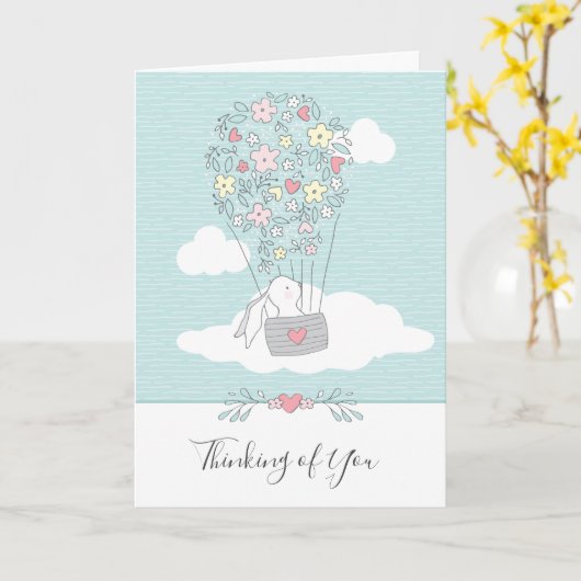 Carte Pensées Affectueuses Lapin Montgolfière (Fleur jaune)