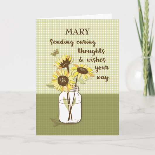 Carte Pensées attentionnées avec tournesols en pot Mason (Devant)