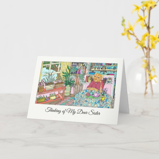 Carte Penser à ma chère soeur avec chat à table (Fleur jaune)
