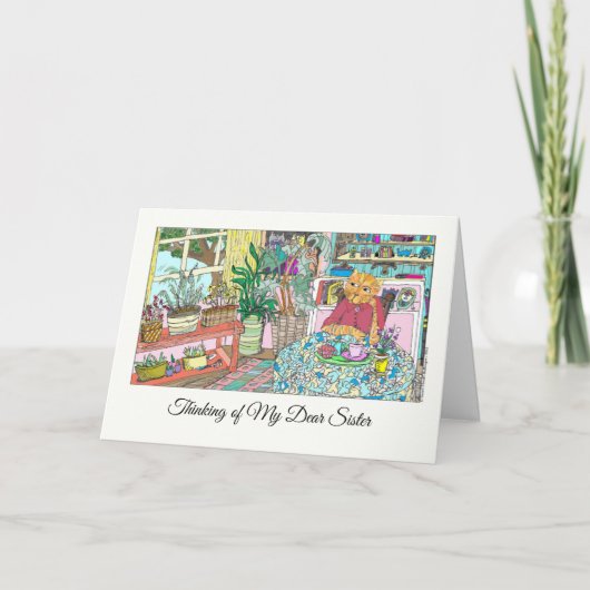 Carte Penser à ma chère soeur avec chat à table (Devant)