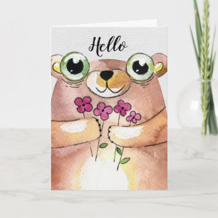 Carte penser à un ours à l'aquarelle avec bouquet