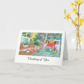 Carte Penser à vous avec le chat à la table Illustration (Fleur jaune)