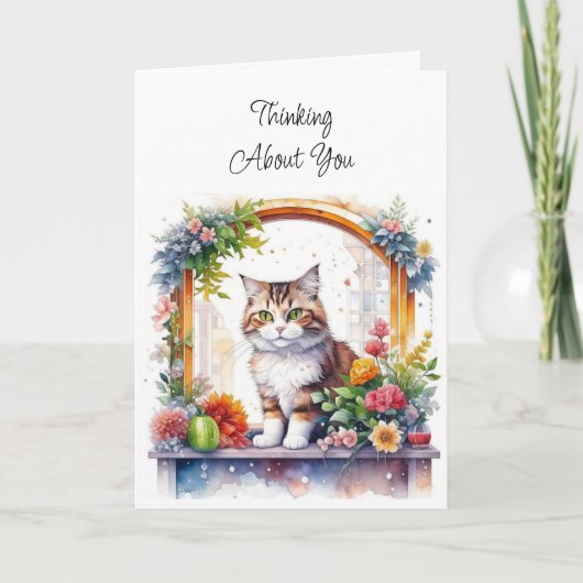 Carte Penser À Vous | Chat dans la fenêtre avec fleurs (Devant)