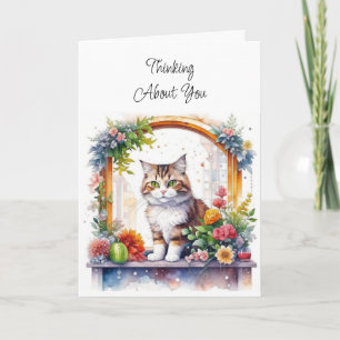 Carte Penser À Vous   Chat dans la fenêtre avec fleurs