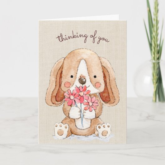 Carte Penser à vous Chien Chien Chien Chien avec Fleurs (Devant)