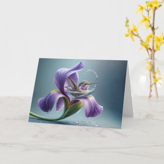 Carte Penser à vous Colibri dans un Iris (Fleur jaune)