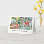 Carte Penser à vous en espagnol avec chat à table (Fleur jaune)