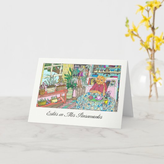 Carte Penser à vous en espagnol avec chat à table (Fleur jaune)