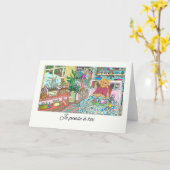 Carte Penser à vous en français avec chat à table (Fleur jaune)