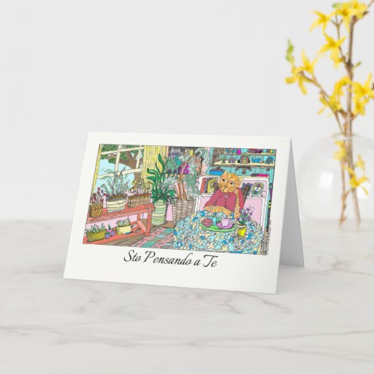 Carte Penser à vous en italien avec chat à table (Fleur jaune)
