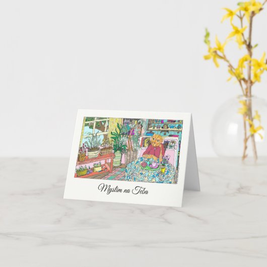 Carte Penser à vous en slovaque avec chat à table (Fleur jaune)