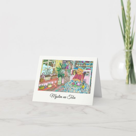 Carte Penser à vous en slovaque avec chat à table (Devant)