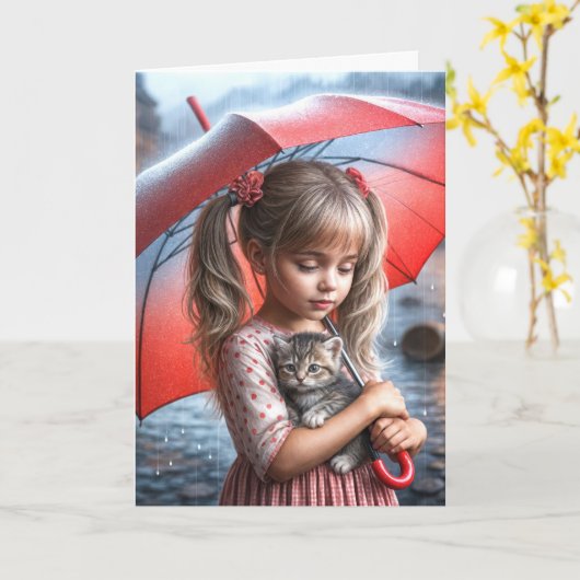 Carte Penser À Vous Fille Avec Kitten (Fleur jaune)