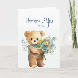 Carte Penser à vous Fleurs et ours en peluche