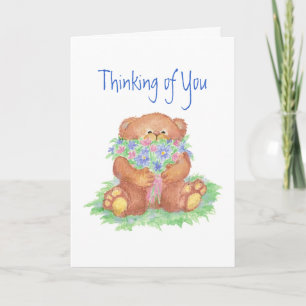 Carte Penser à vous Fleurs et ours en peluche