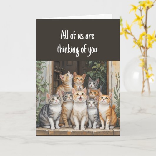 Carte Penser à vous groupe amusant de chats (Fleur jaune)