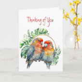 Carte Penser à vous Parrots colorés Inséparables (Fleur jaune)