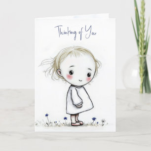 Carte Penser à vous Petite fille Dessin en Fleur sauvage