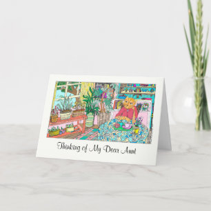 Carte Penser à vous pour Tante avec chat à table