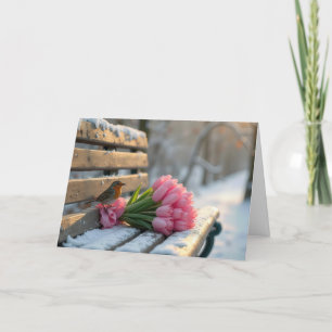 Carte Penser à vous Robin de printemps avec tulipes rose
