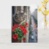Carte Penser à vous Tabby Chat dans la fenêtre (Fleur jaune)
