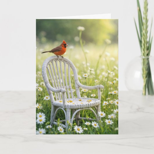 Carte Pensez à vous Cardinal sur une chaise en osier (Devant)