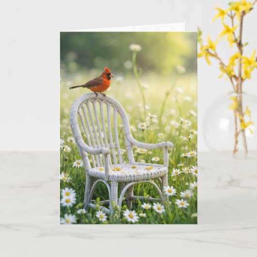 Carte Pensez à vous Cardinal sur une chaise en osier (Fleur jaune)