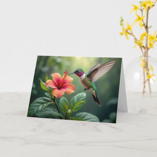 Carte Pensez à vous Colibri sur un Hibiscus (Fleur jaune)