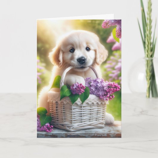 Carte Pensez à vous Golden Retriever Chiot avec Lilacs (Devant)