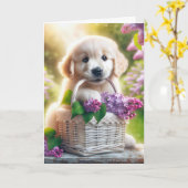 Carte Pensez à vous Golden Retriever Chiot avec Lilacs (Fleur jaune)